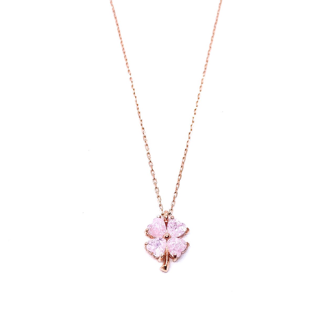 925 Ayar Gümüş Açık Pembe Buz Quartz Taşlı Yonca Kolye