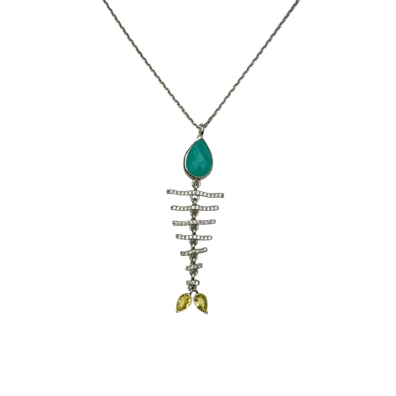 925 Ayar Gümüş Amazonite , Sitrin ve Zirkon Taşlı Kılçık Kolye