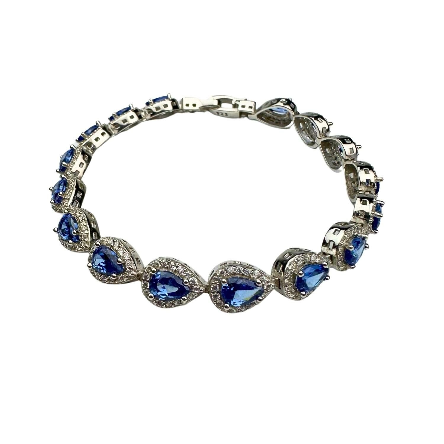 925 Ayar Gümüş Damla Açık Lacivert Anturajlı Zirkon Taşlı Bileklik