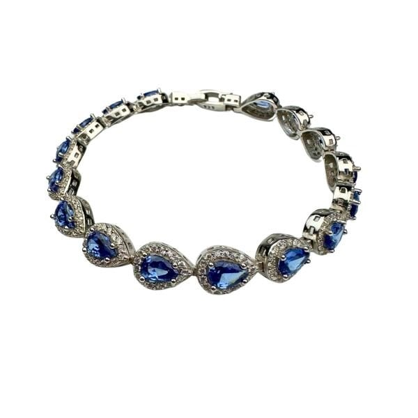 925 Ayar Gümüş Damla Açık Lacivert Anturajlı Zirkon Taşlı Bileklik