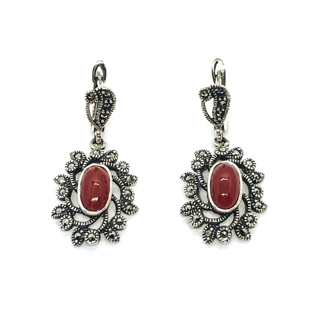 925 Ayar Gümüş Markazit Ve Akik Taşlı Küpe