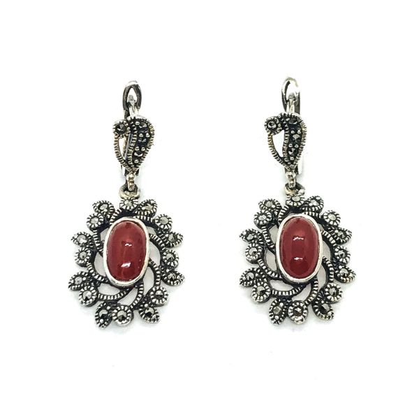 925 Ayar Gümüş Markazit Ve Akik Taşlı Küpe