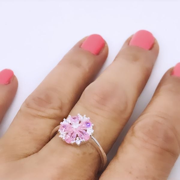 925 Ayar Gümüş Pembe Zirkon Taşlı Yüzük