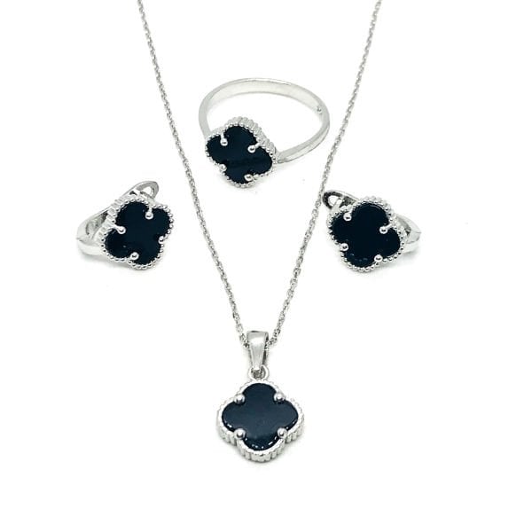 925 Ayar Gümüş Black Onnx Taşlı Yonca Tasarım Set