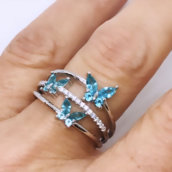 925 Ayar Gümüş Aqua Marine Mavisi Zirkon Taşlı Tasarım Kelebekli Yüzük