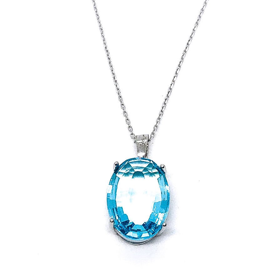 925 Ayar Gümüş Aqua Marine Mavisi Oval Zirkon Taşlı Kolye