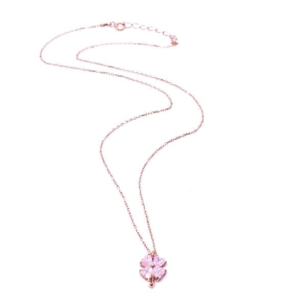 925 Ayar Gümüş Açık Pembe Buz Quartz Taşlı Yonca Kolye
