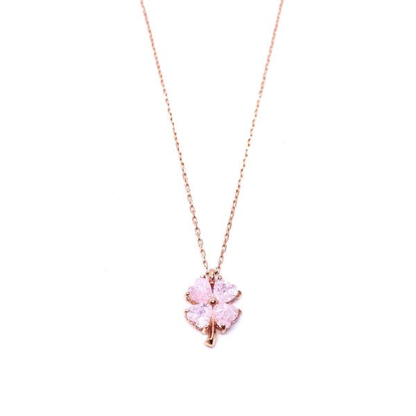 925 Ayar Gümüş Açık Pembe Buz Quartz Taşlı Yonca Kolye