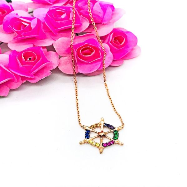 925 Ayar Gümüş Renkli Gemici Dümeni  Kolye Rose