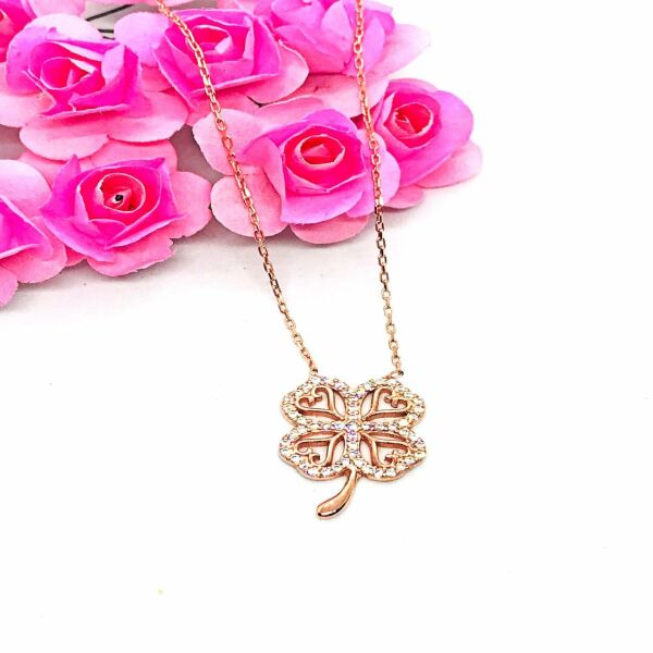 925 Ayar Gümüş Yonca  Kolye Rose