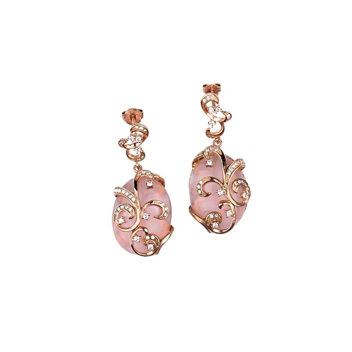 925 Ayar Gümüş 14 Ayar Pembe Altın Kaplama Doğal Pembe Quartz Taşlı Tasarım Küpe