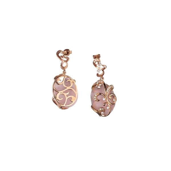 925 Ayar Gümüş 14 Ayar Pembe Altın Kaplama Doğal Pembe Quartz Taşlı Tasarım Küpe