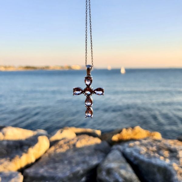 925Silver Sultanite ColorChange Cross Necklace•Natural Turkish Stone Pedant•Handmade Pray Rosary Summer Fine Jewelry Gift for He