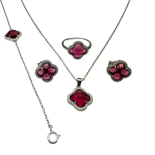 925 Ayar Gümüş Pembe Taşlı Yonca Set
