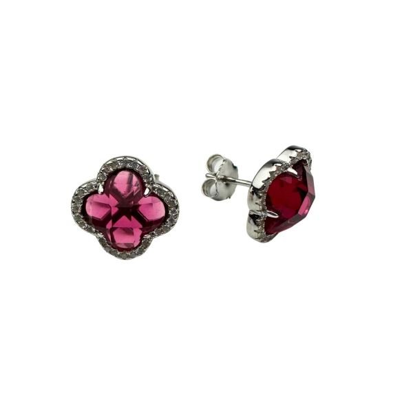 925 Ayar Gümüş Pembe Taşlı Yonca Set