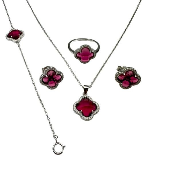 925 Ayar Gümüş Pembe Taşlı Yonca Set