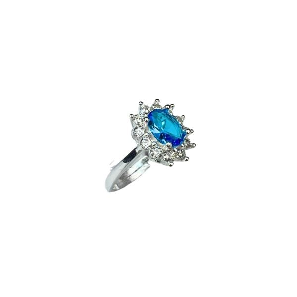 925 Ayar Gümüş Koyu Aquamarine Rengi Oval Zirkon Taşlı Alttan Açık Ölçü (Her Parmağa Uygun) Yüzük