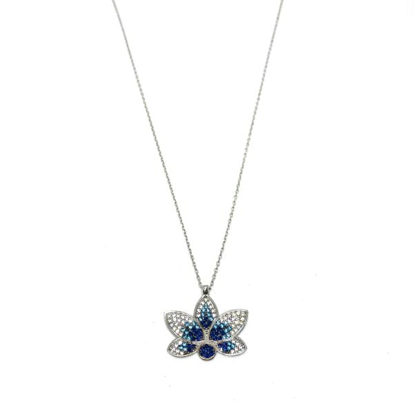 925 Ayar Gümüş Lacivert Zirkon Taşlı Lotus Kolye