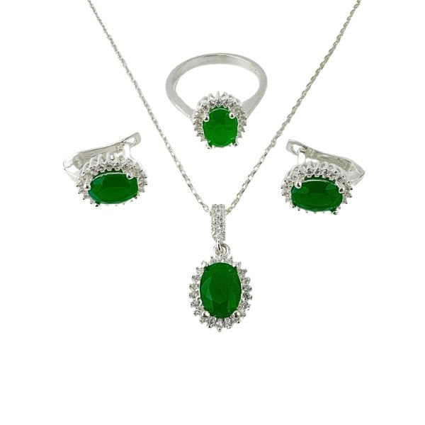 925 Ayar Gümüş Zümrüt Yeşil  Anturajlı Oval Set