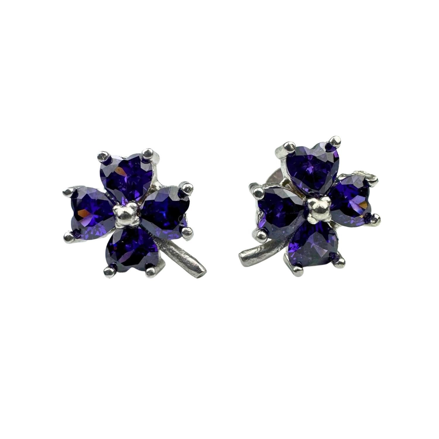 925 Ayar Gümüş Ametist Rengi Mor Zirkon Taşlı Yonca Küpe