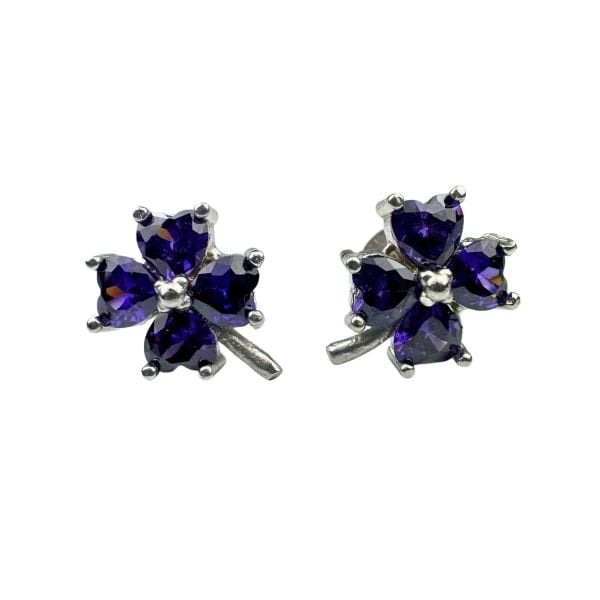 925 Ayar Gümüş Ametist Rengi Mor Zirkon Taşlı Yonca Küpe