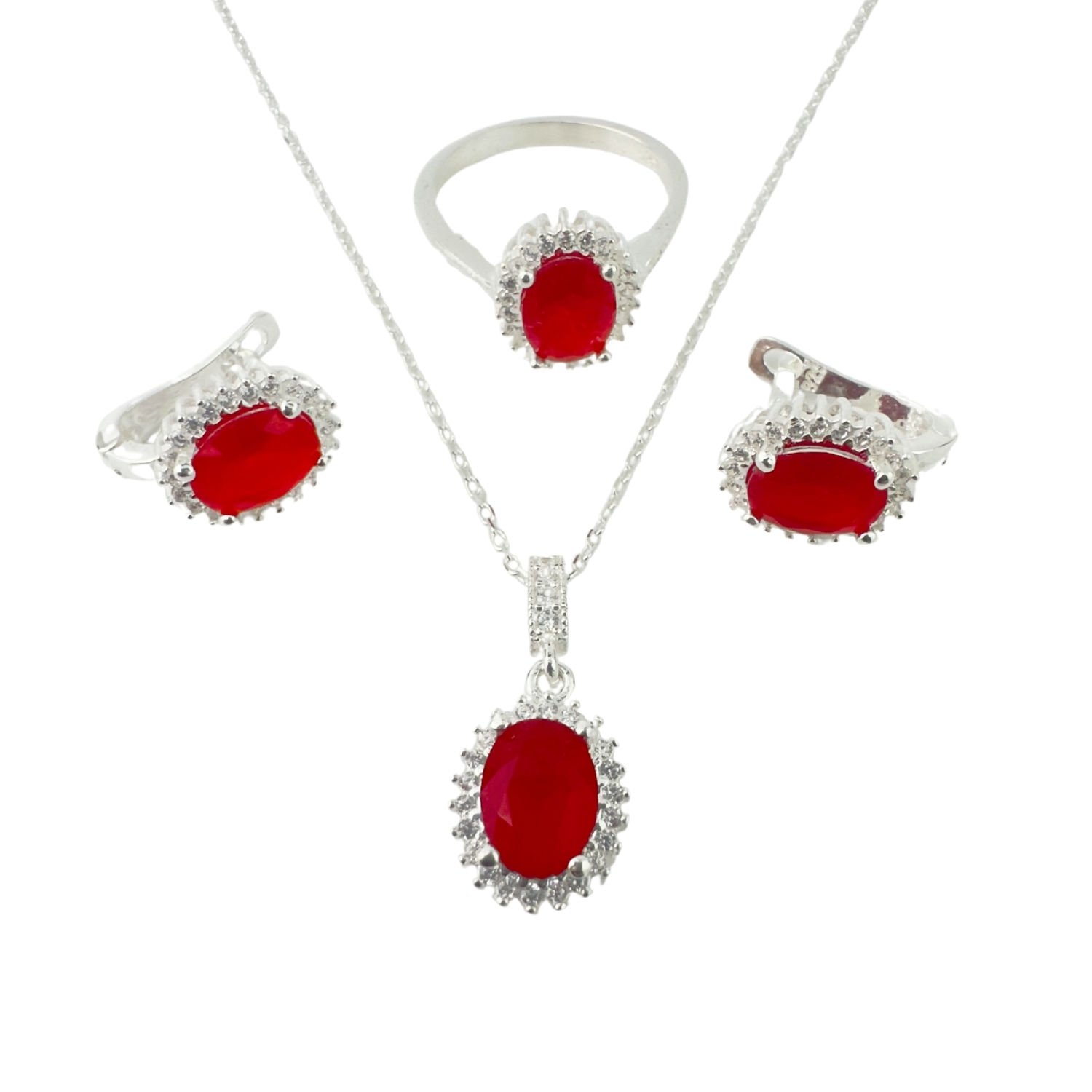 925 Ayar Gümüş Yakut Kırmızı  Anturajlı Oval Set