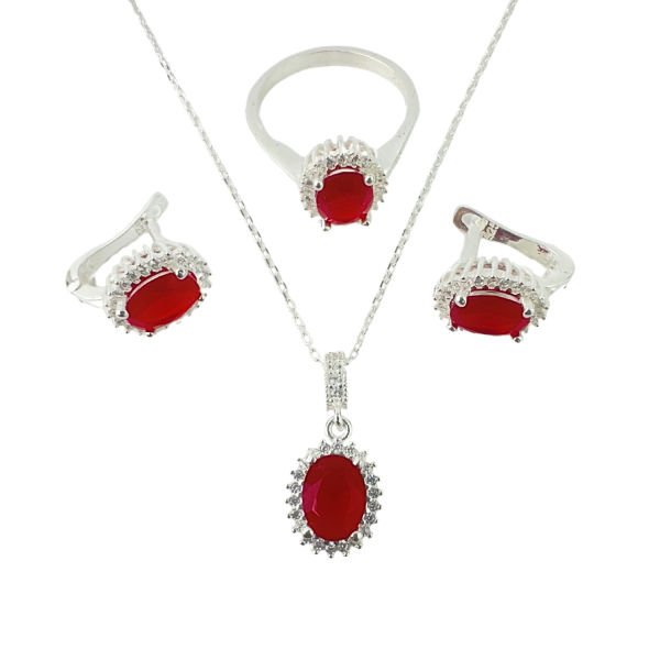 925 Ayar Gümüş Yakut Kırmızı  Anturajlı Oval Set