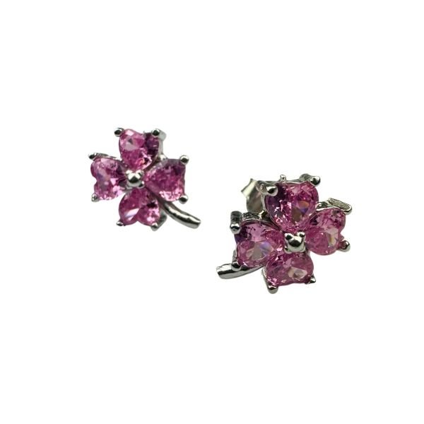 925 Ayar Gümüş Quartz Renkli Pembe Zirkon Taşlı Yonca Küpe