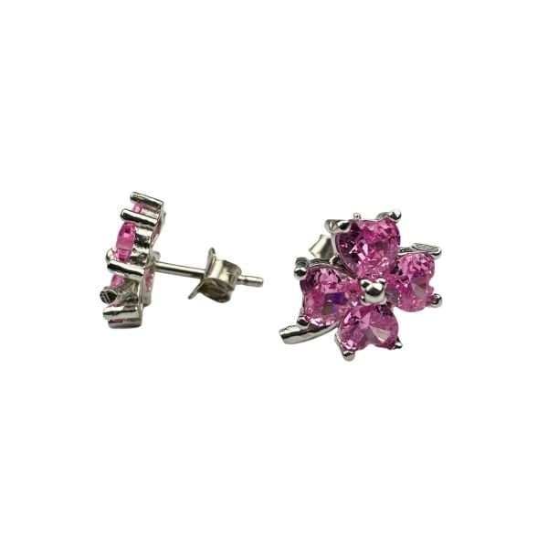 925 Ayar Gümüş Quartz Renkli Pembe Zirkon Taşlı Yonca Küpe