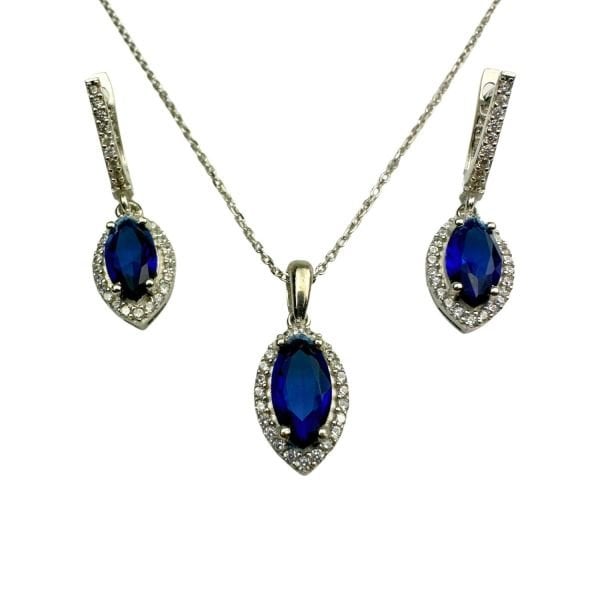 925 Ayar Gümüş Safir Rengi Lacivert Mekik Kesim Zirkon Taşlı Anturaj Set