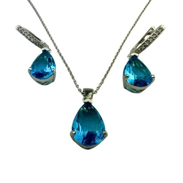 925 Ayar Gümüş Aquamarine Rengi Mavi Damla Zirkon Taşlı Set