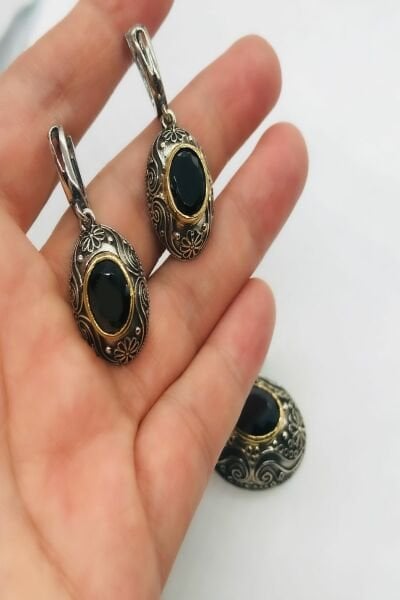 925 Ayar Gümüş Oval Siyah Taşlı Otantik Frigya Set