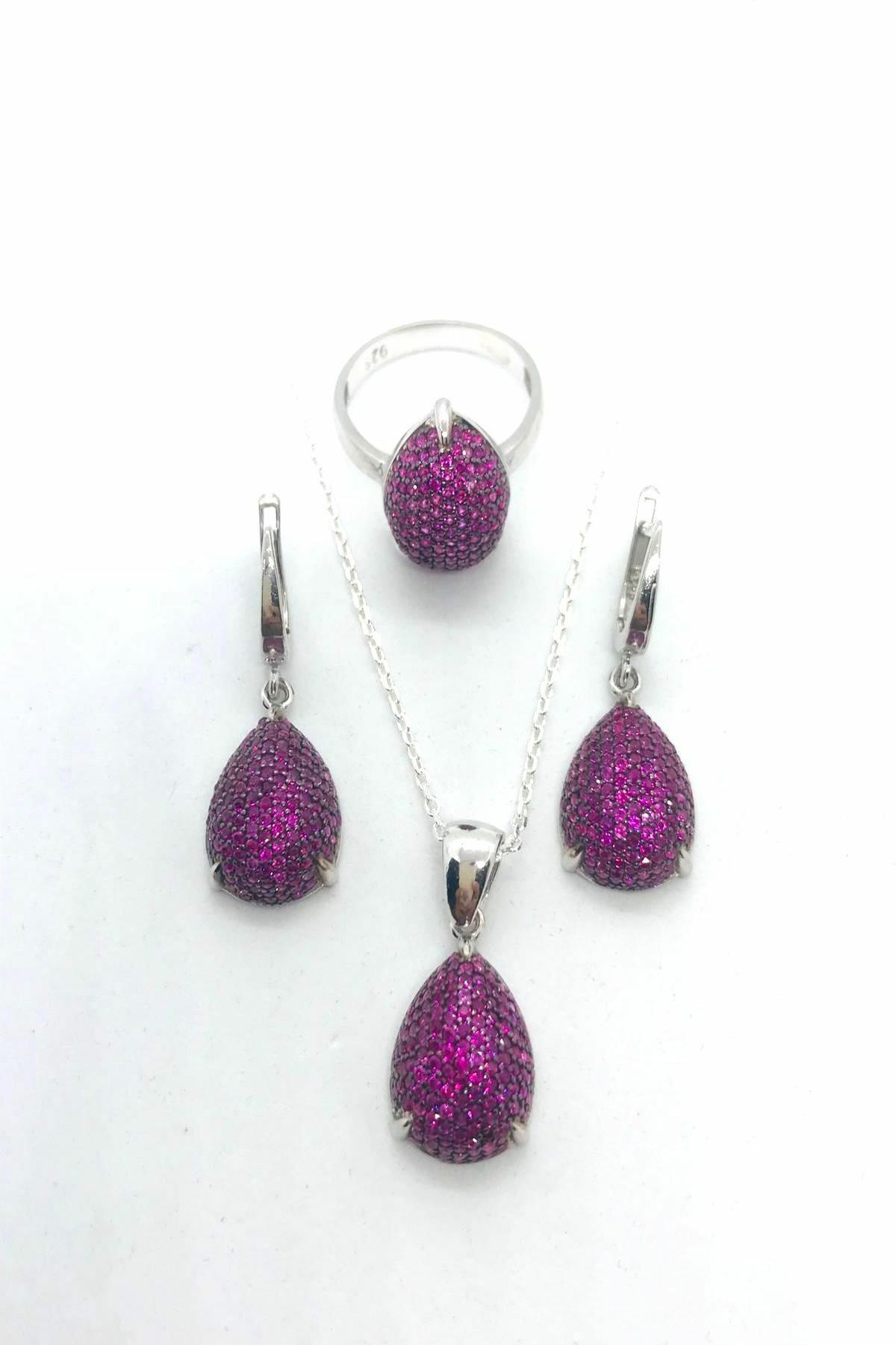 925 Ayar Gümüş Pembe Zirkon Taşlı Damla Set Takım