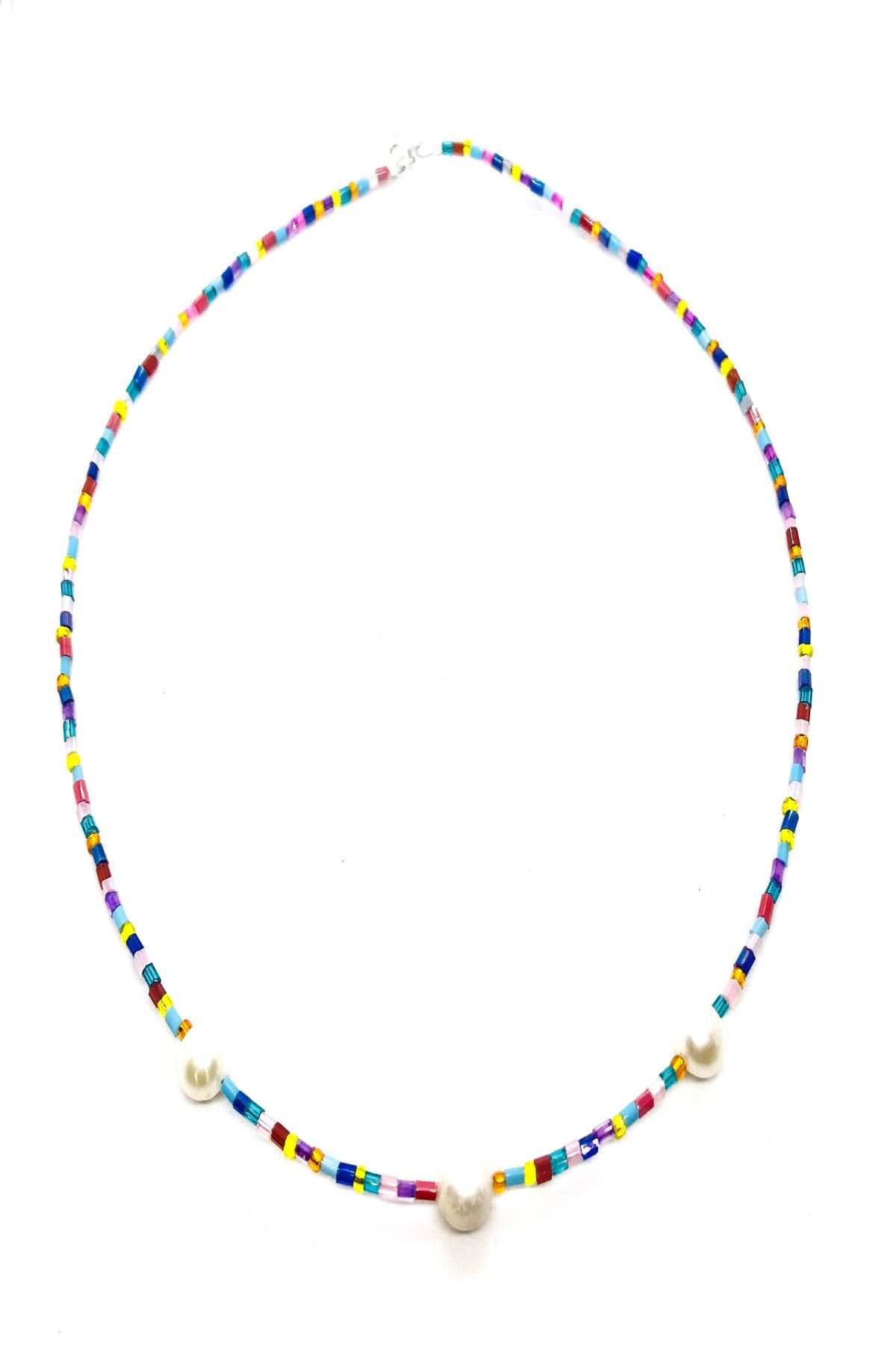 925 Ayar Kilitli İncili Renkli Boncuklu Kolye