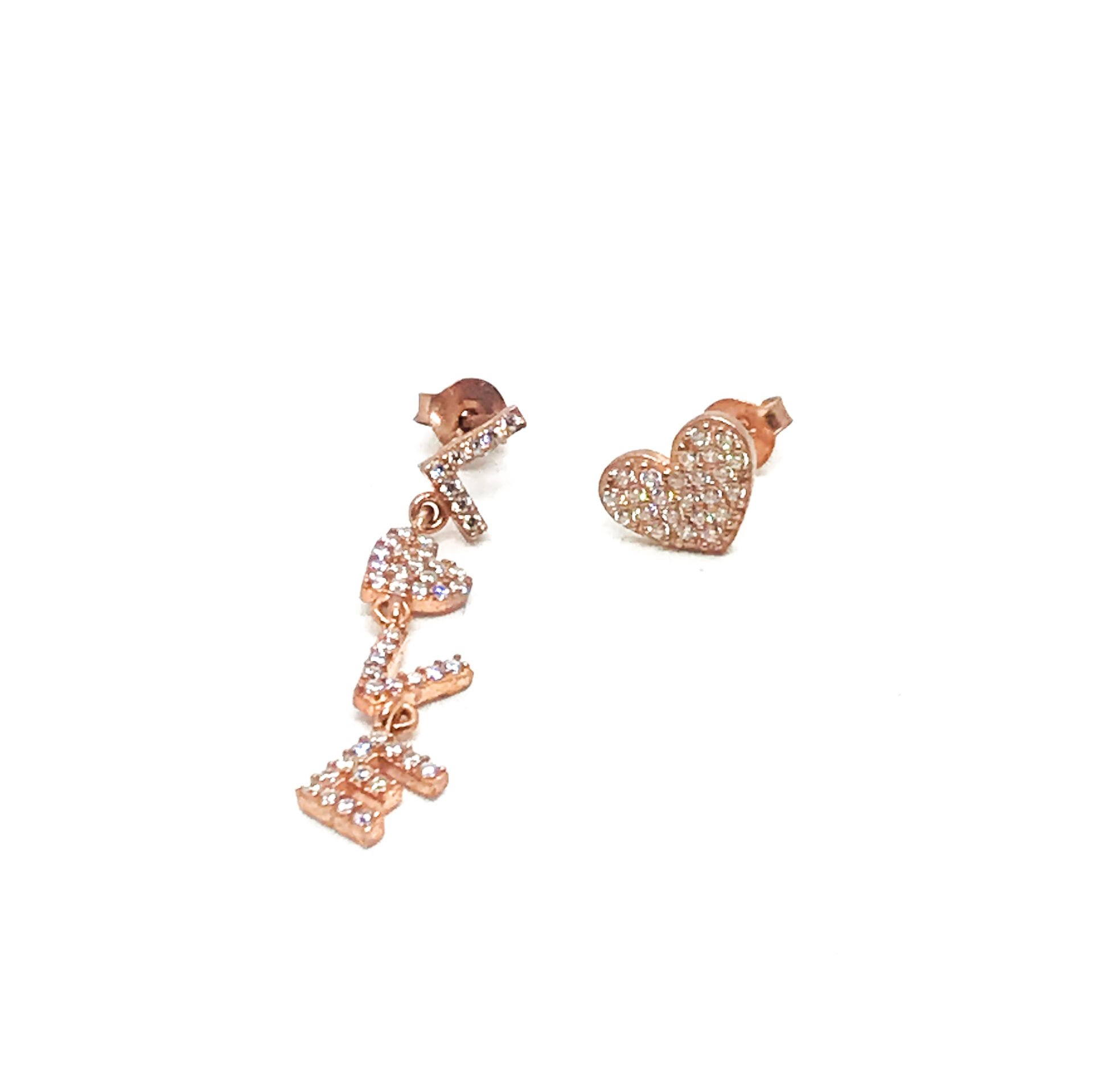 925 Ayar Gümüş Love Yazılı Kalpli  Küpe  Rose