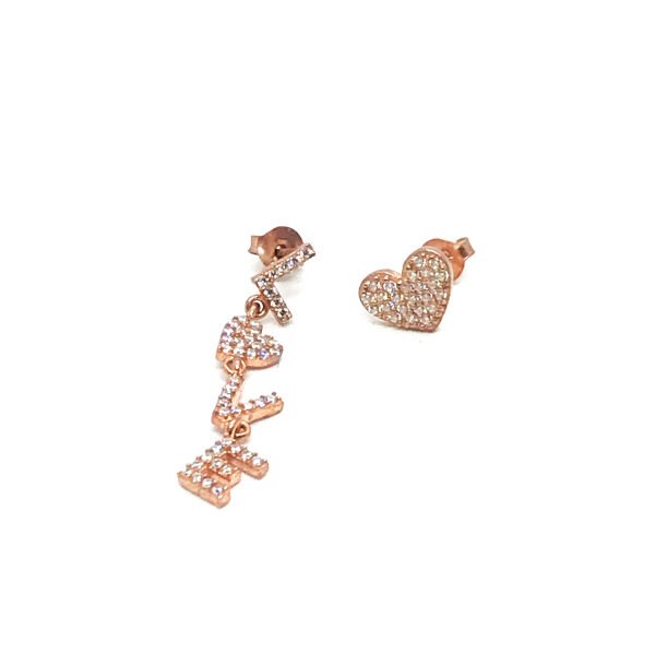925 Ayar Gümüş Love Yazılı Kalpli  Küpe  Rose