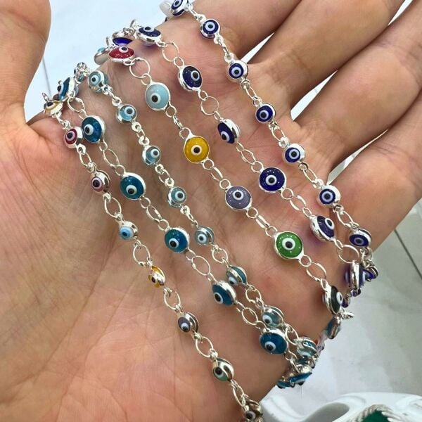 925 Ayar Gümüş Açık Mavi Küçük Nazar Boncuklu Bileklik