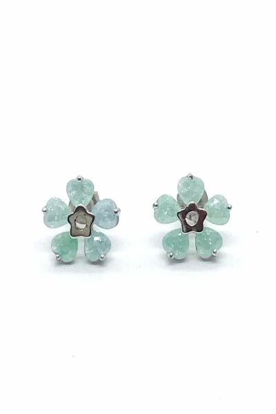 925 Ayar Gümüş Yeşil Buz Quartz Taşlı Çiçek Küpe