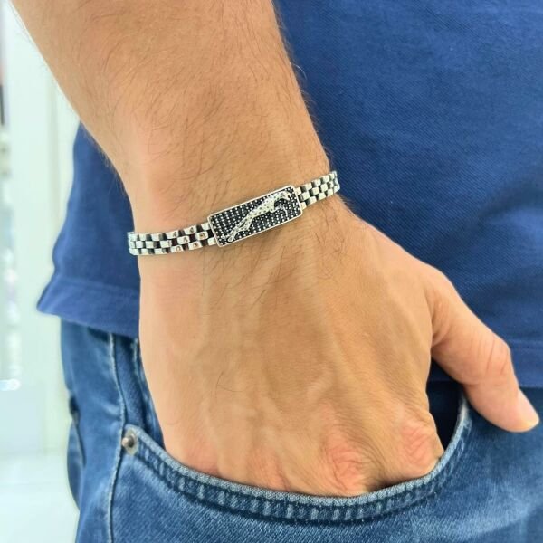 925 Ayar Gümüş Oyster Kayışlı Siyah Zirkon Taşlı Leopar Bileklik