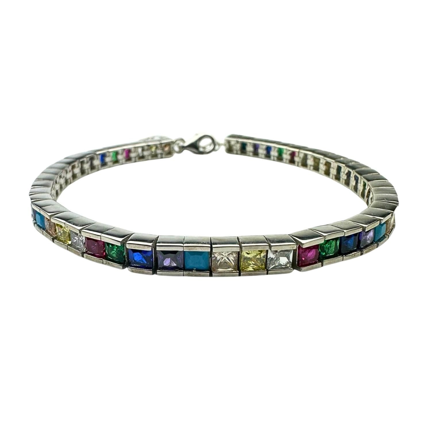 925 Ayar Gümüş Kare Renkli Gökkuşağı Zirkon Taşlı Bileklik