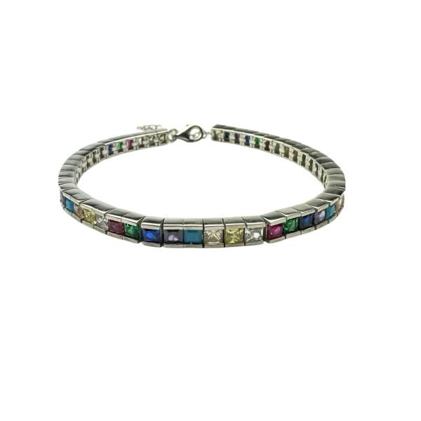 925 Ayar Gümüş Kare Renkli Gökkuşağı Zirkon Taşlı Bileklik