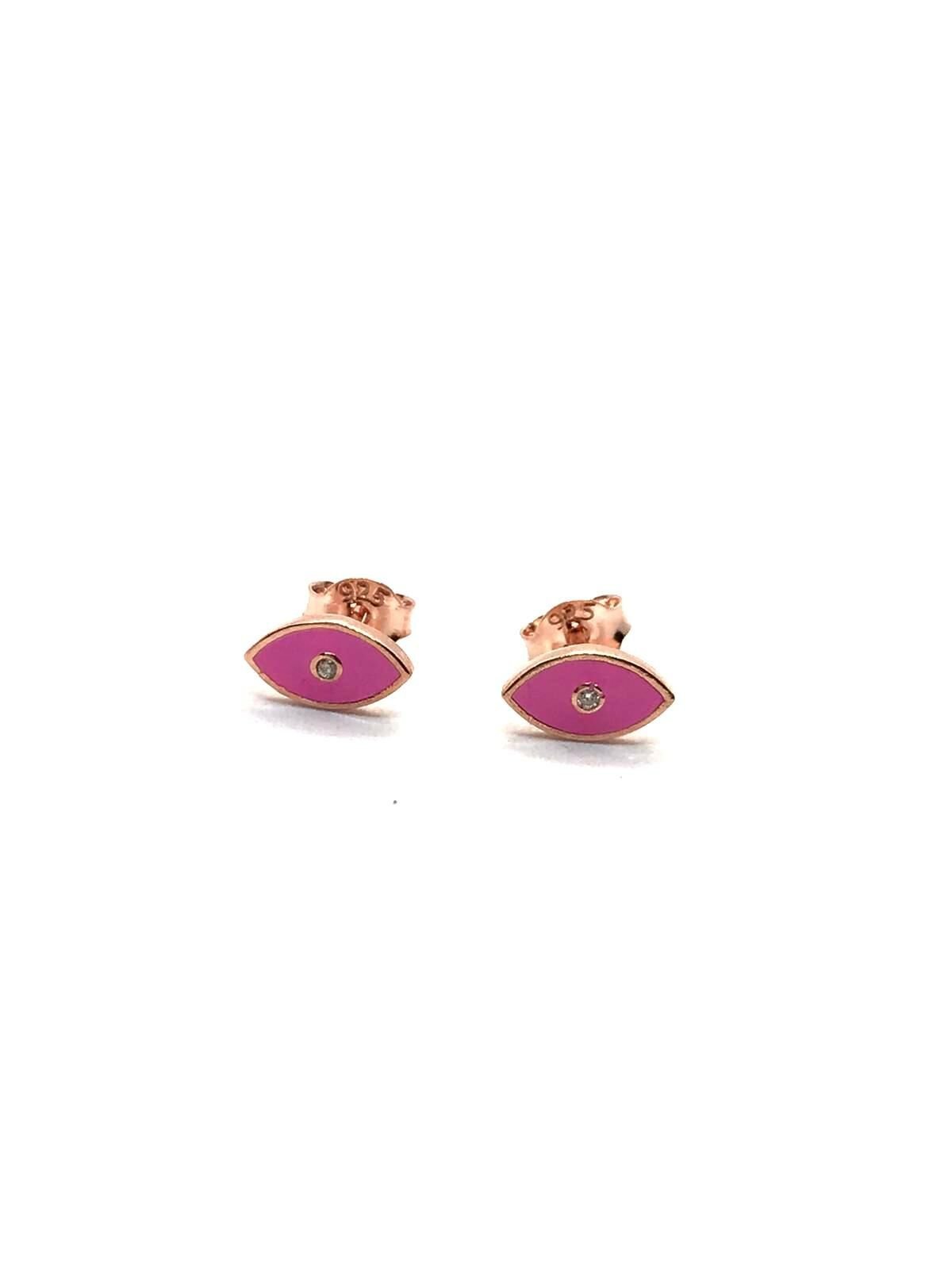 925 Ayar Gümüş Neon Pembe Göz Vidalı Küpe