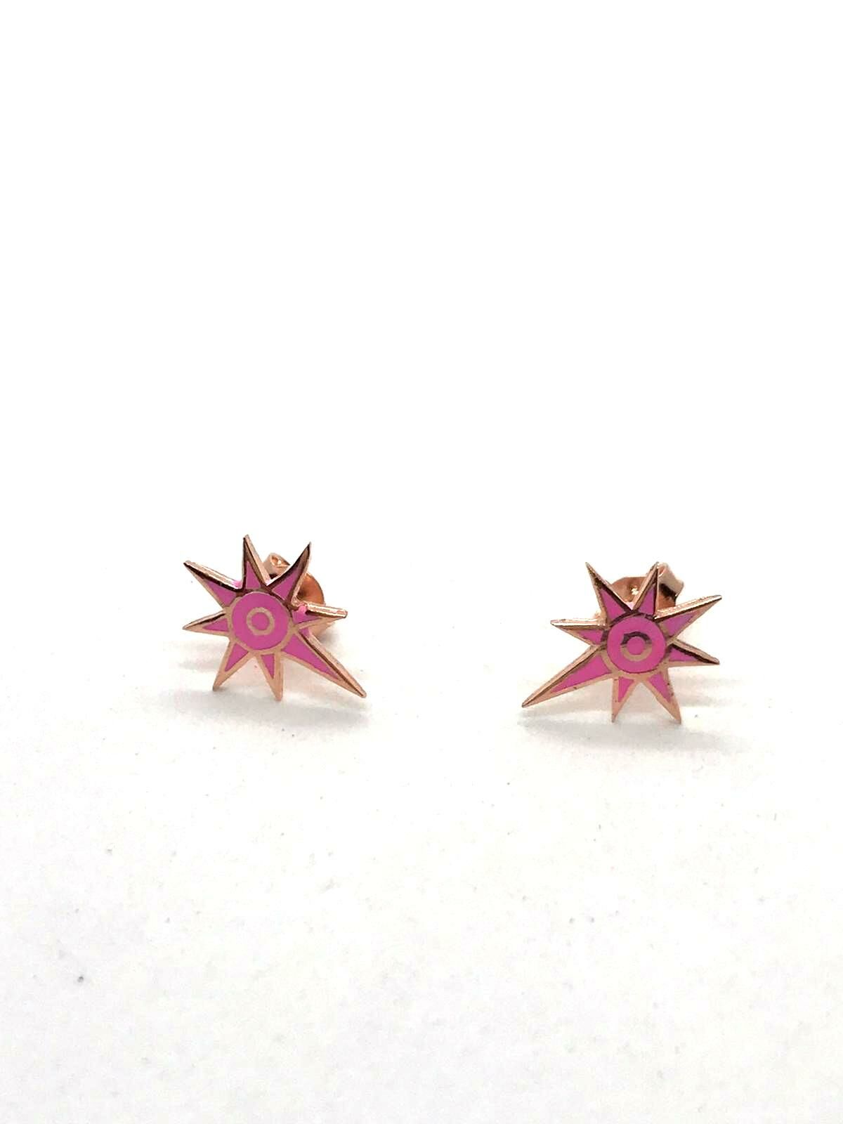 925 Ayar Gümüş Neon Pembe Kutup Yıldızı Vidalı Küpe