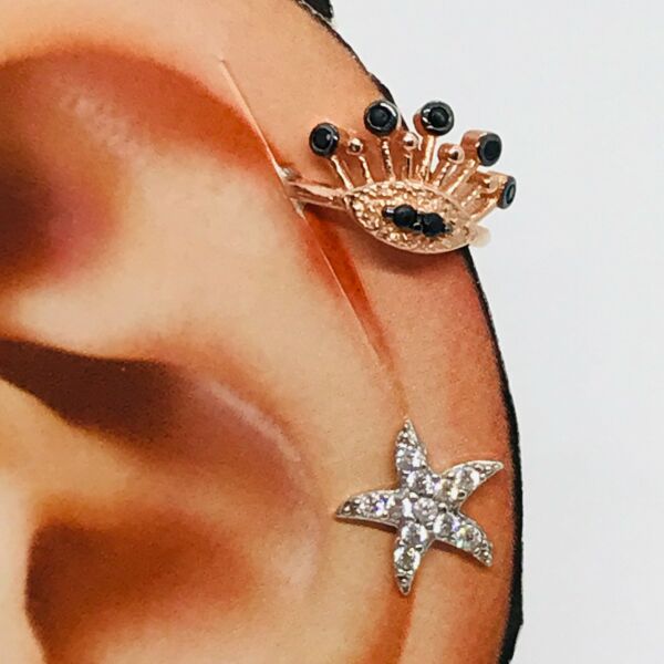 925 Ayar Gümüş Zirkon Taşlı Kirpikli Göz Earcuff Küpe
