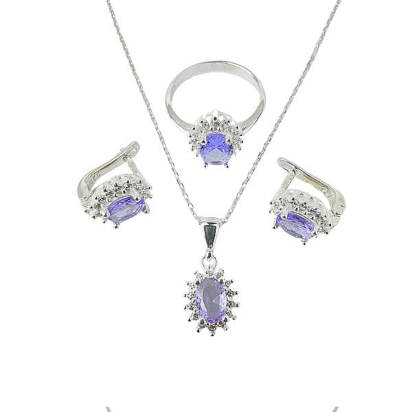 925 Ayar Gümüş Lila Taşlı Anturajlı Oval  Set
