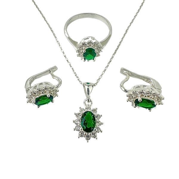 925 Ayar Gümüş Yeşil Taşlı Anturajlı Oval  Set