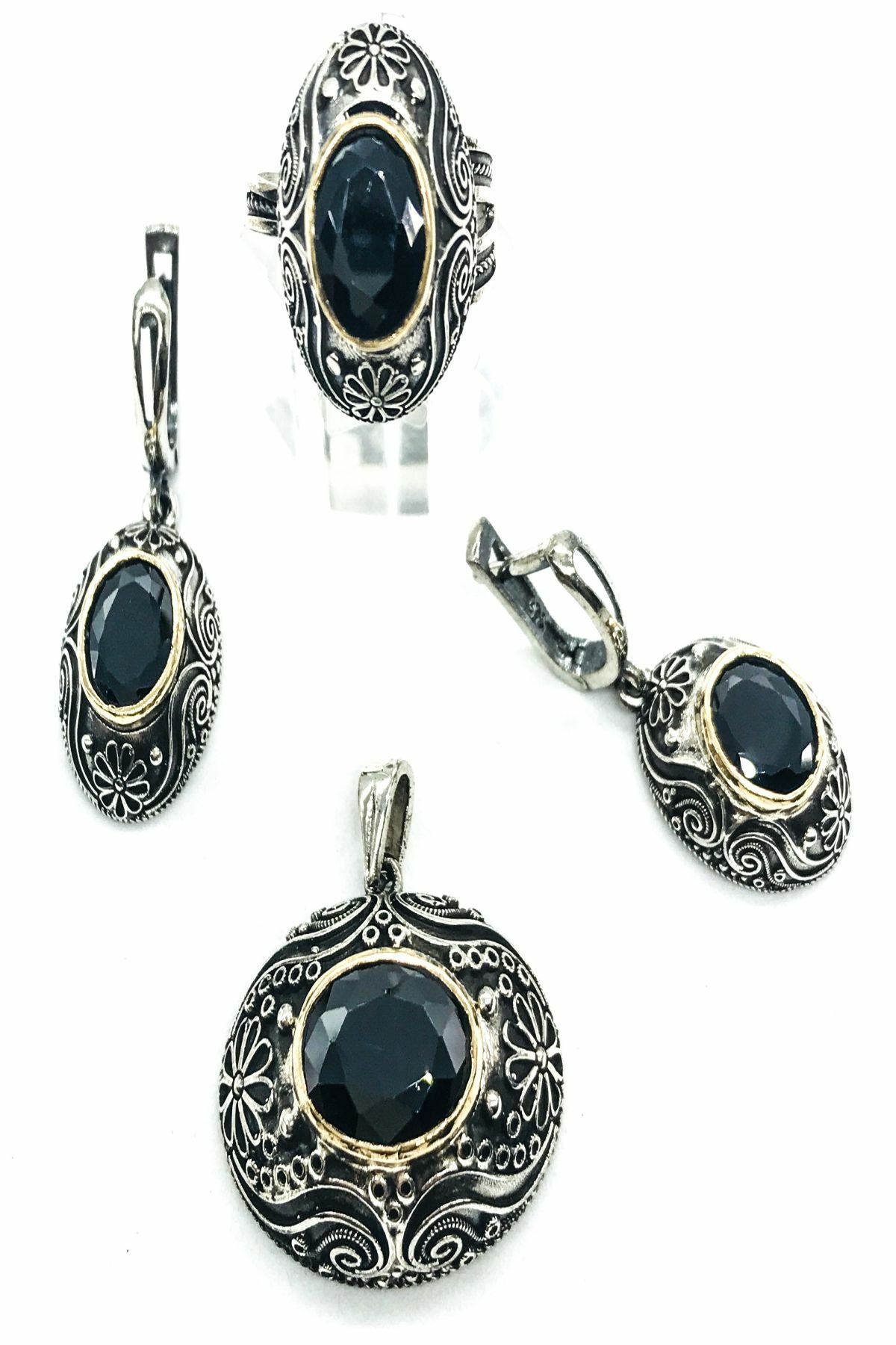 925 Ayar Gümüş Oval Siyah Taşlı Otantik Frigya Set Gümüş - 12