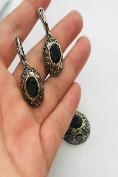 925 Ayar Gümüş Oval Siyah Taşlı Otantik Frigya Set Gümüş - 12