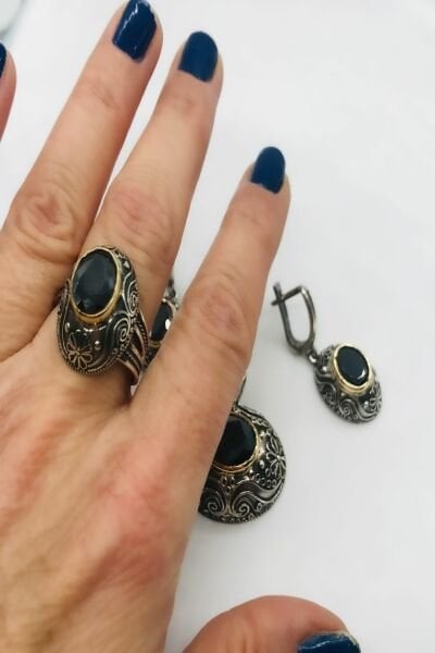 925 Ayar Gümüş Oval Siyah Taşlı Otantik Frigya Set Gümüş - 13