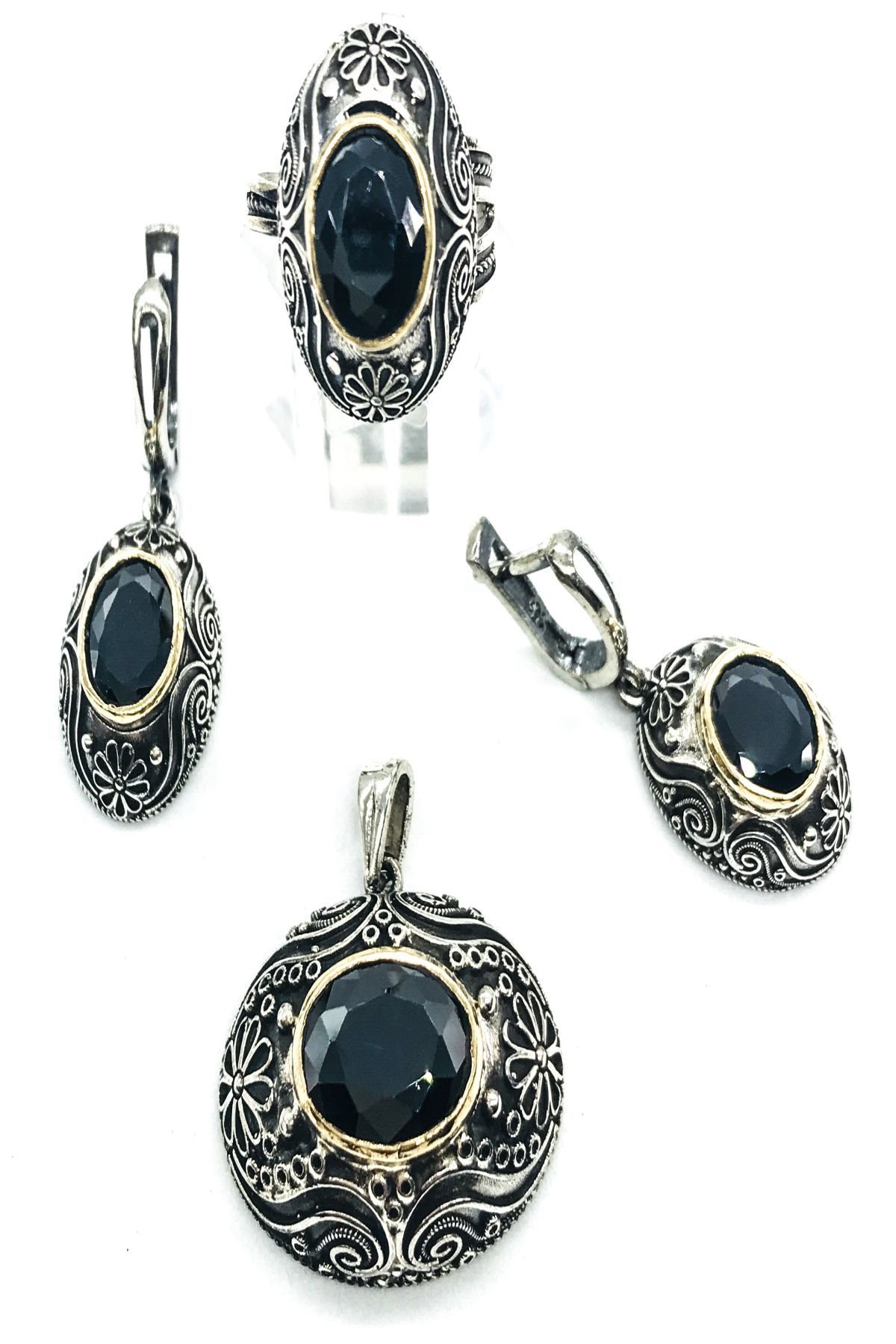 925 Ayar Gümüş Oval Siyah Taşlı Otantik Frigya Set Gümüş - 17